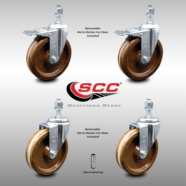 Service Caster 5 Inch SS High Temp Phenolic 12mm Stem Caster Total Lock Brake SCC, 2PK SCC-SSTSTTL20S514-PHSHT-M1215-2-S-2 - main